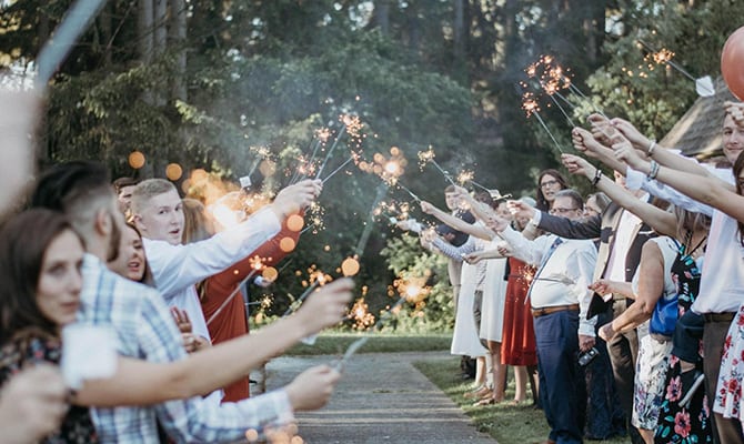 Celebration with sparklers after wedding ceremony
